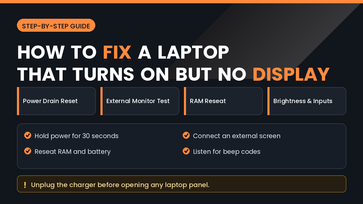 How to fix a laptop that turns on but shows no display